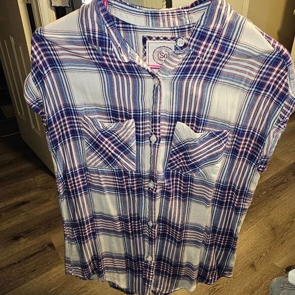 SO Blue and White Button Down Shirt Casual Plaid - Picture 5 of 6